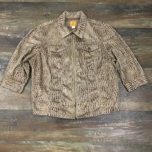 RUBY Rd. | Brown Faux Fur Crocodile Print Zipper Front Casual Jacket